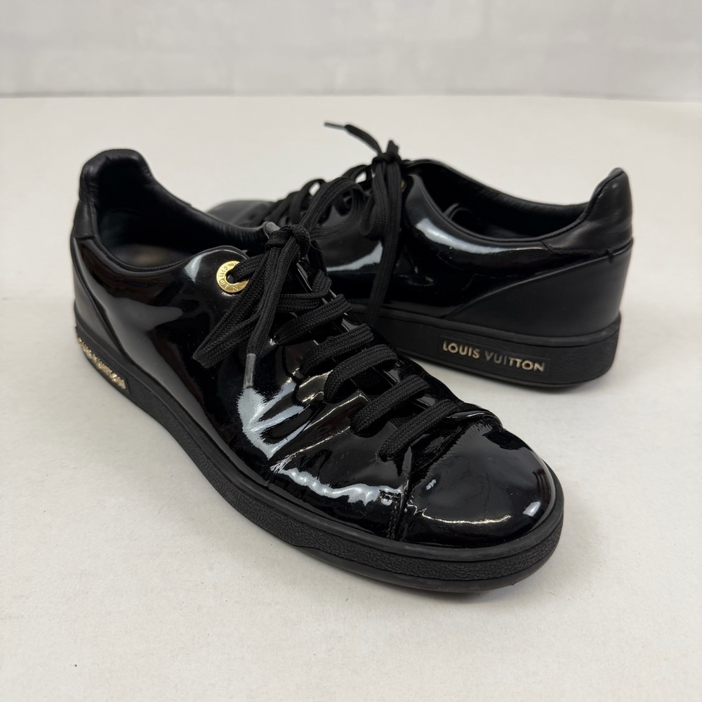 Louis Vuitton Black Patent Leather Sneakers Gold Logo Women’s Size 36 (US 6)